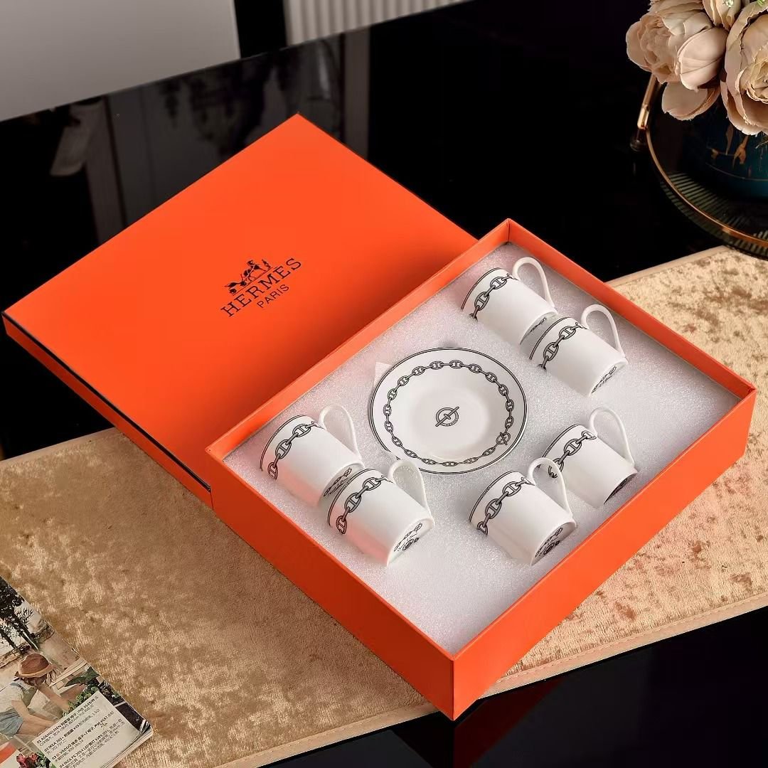 Hermès Chaine d'Ancre Platinum Demitasse Turkish coffee 6 Cups and Saucer Set - Hermes Turkish Coffee Cups | Aleppo Gift UAE